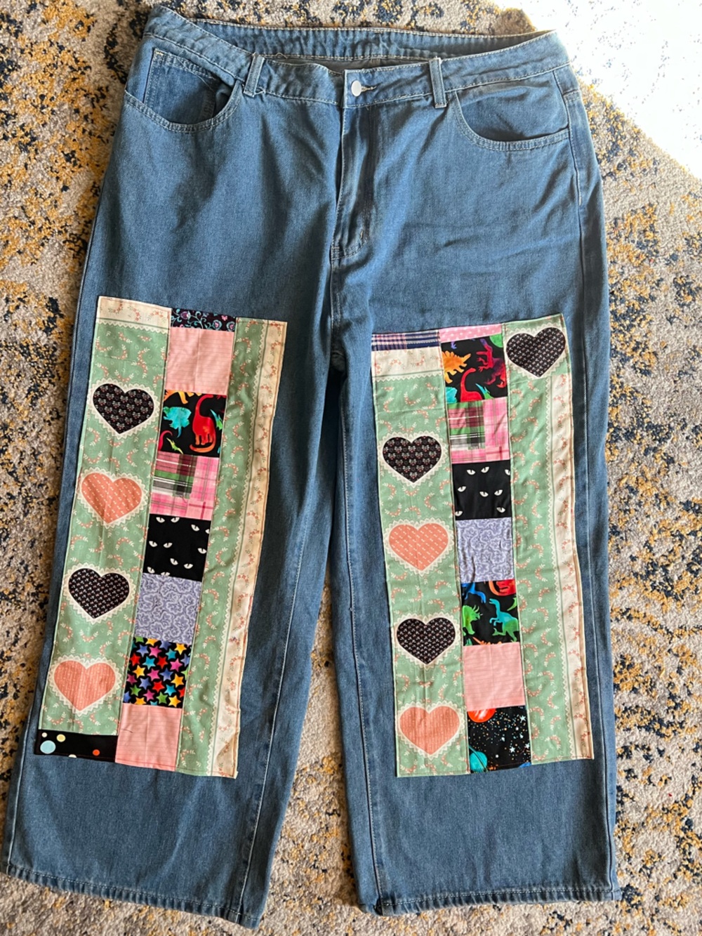 Quilty Patchwork Heart Denim Jeans - Mint & Coral Accents